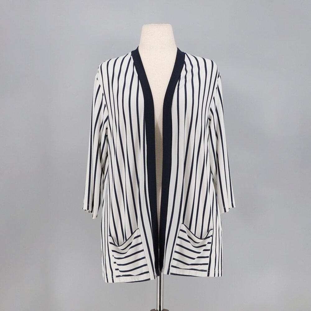 SYMPLI Jersey Knit Navy White Stripe Open Front Cardigan Front Pockets Size 12